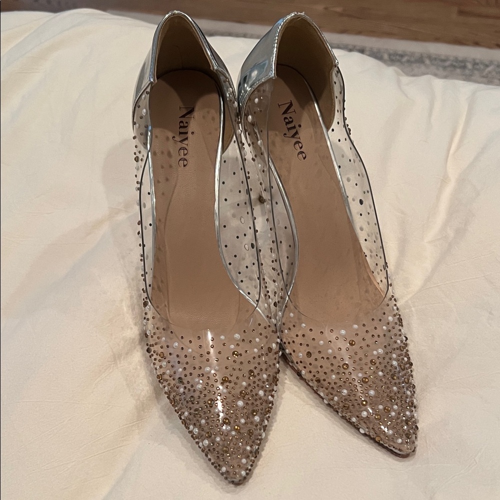 Women's Transparent Rhinestone Heels - Silver and Tan
